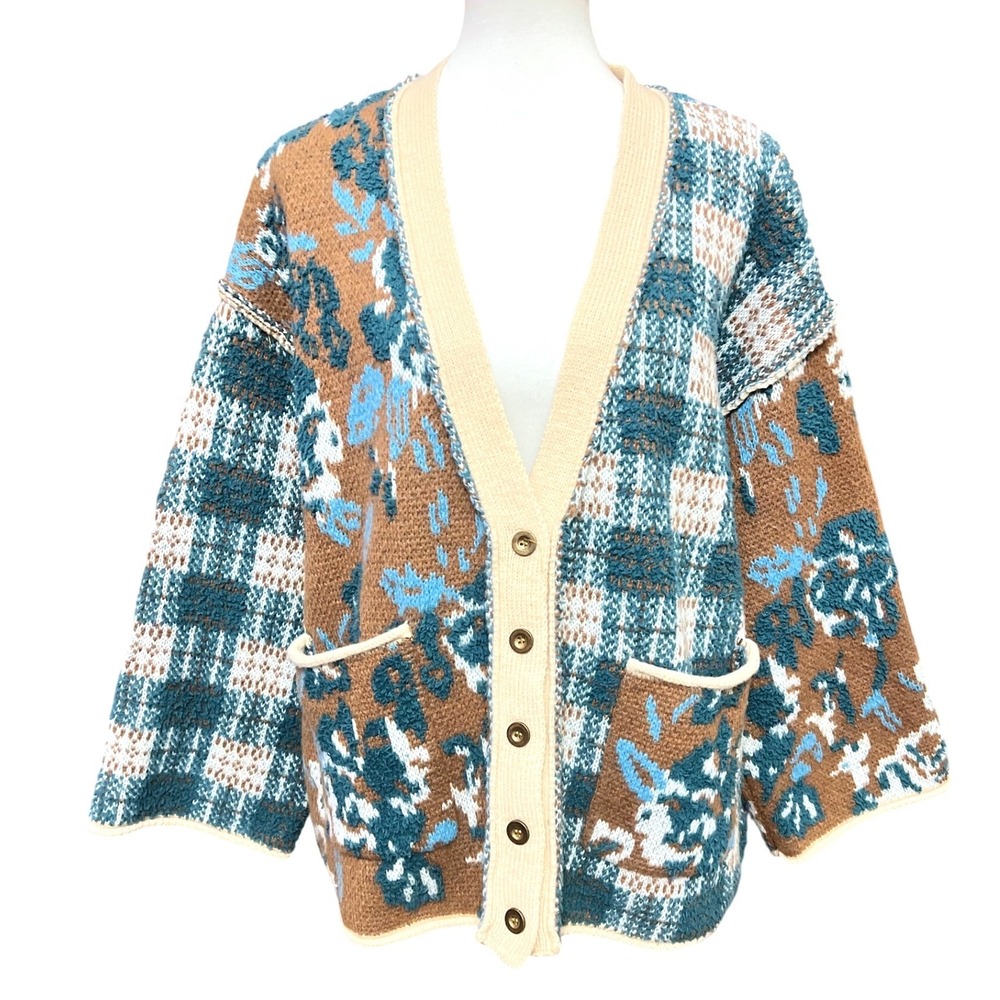 POL Oversized Floral Patchwork Plaid Mix Pattern Chunky Knit Cardigan Sweater M